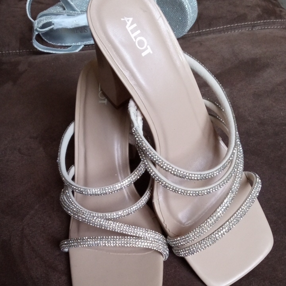 NWOT  Beige and  Glittery Silver Strappy Heels